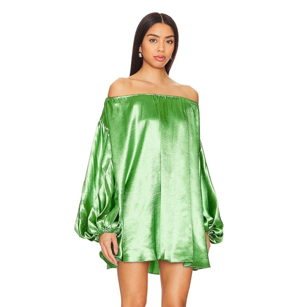 Caroline Constas Shiny Off-Shoulder Mini Dress in Vibrant Green